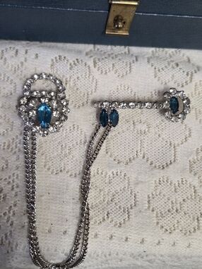 Vintage Rhinestones Double Lock & Key Brooch With Chain Collar Sweater